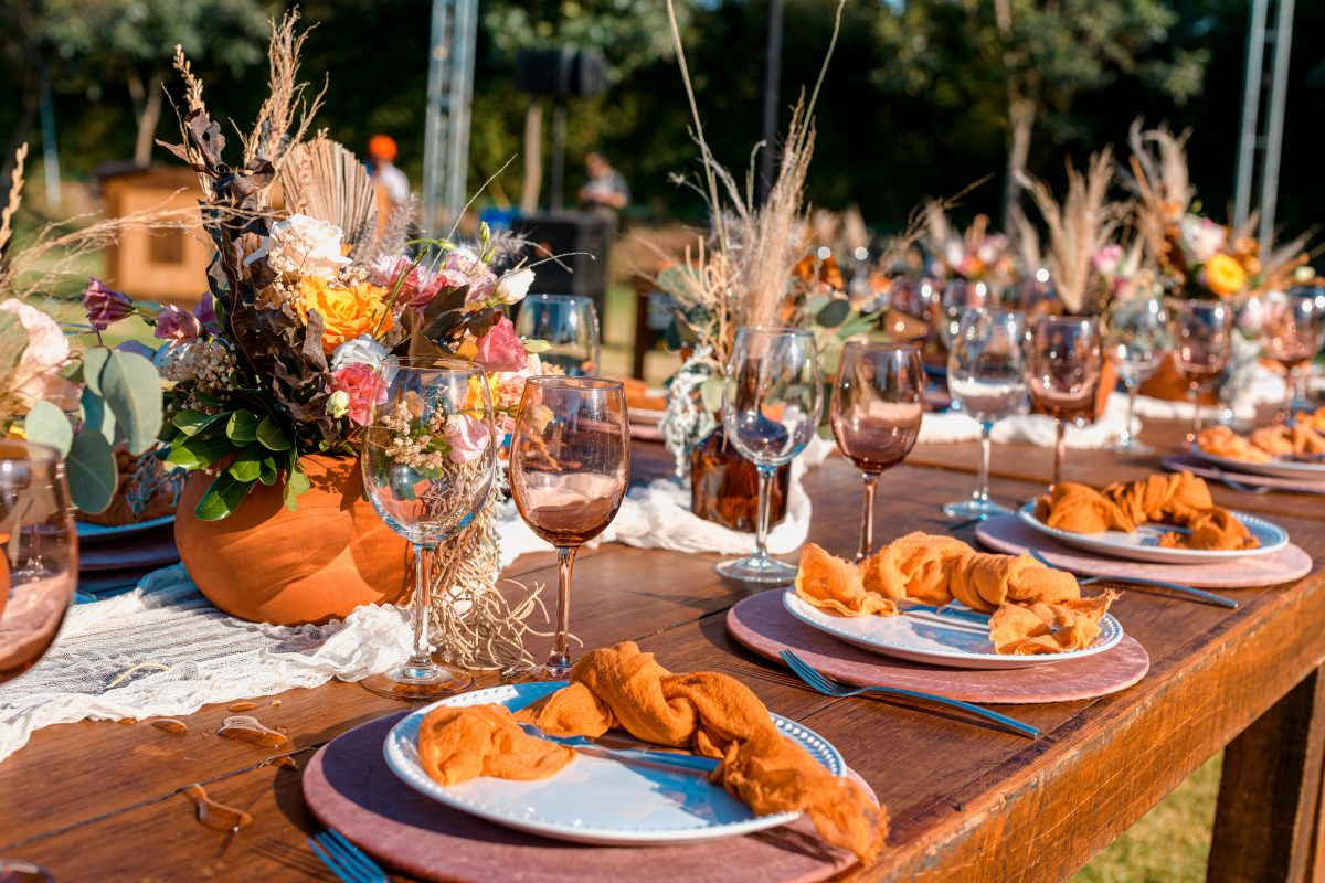 Wedding reception under a tent with mountain views